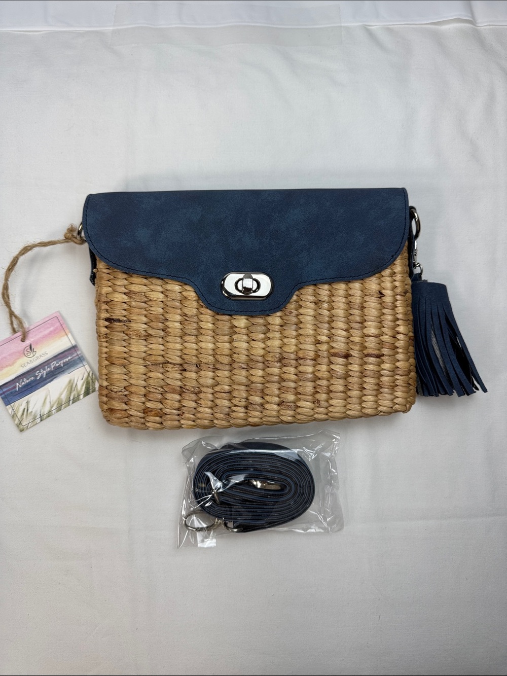 Sea & Grass Woven Straw Crossbody Clutch Blue Leather Tassel Strap